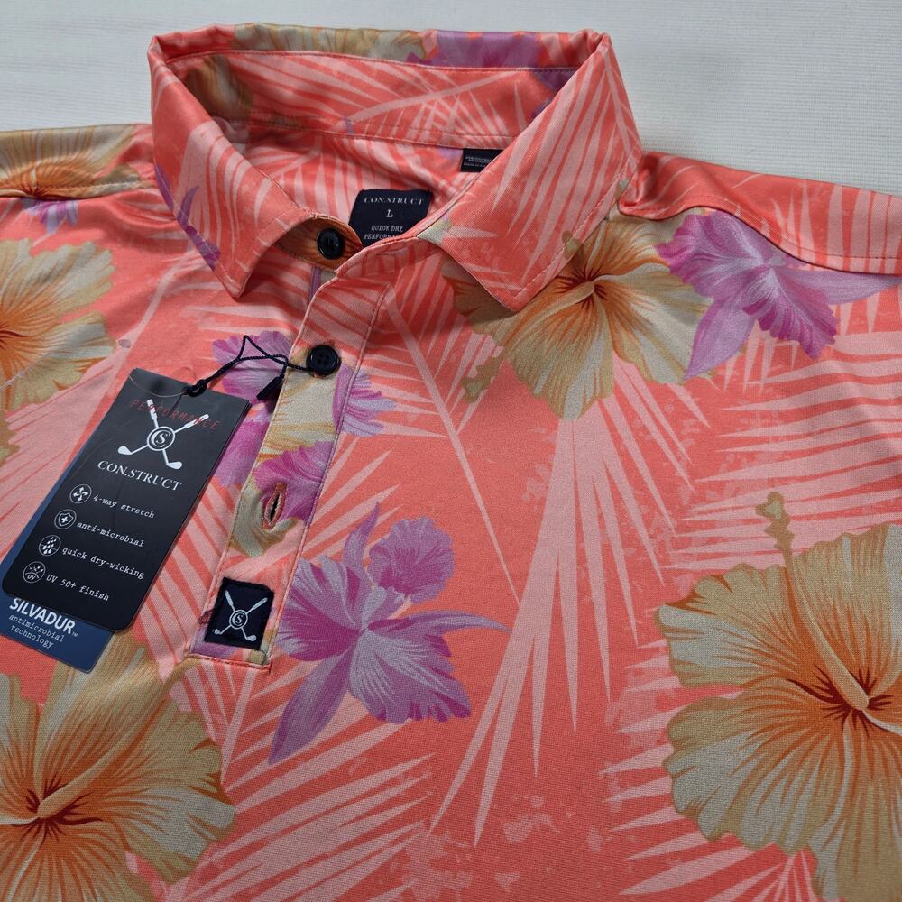 NWT CON.STRUCT Hawaiian Floral Coral‎ Short Sleeve Polo Shirt Size Large